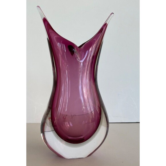 MCM Murano Sommerso Hand Blown Glass Vase 9" Purple Pointed Tips Formia Italy - Picture 5 of 16